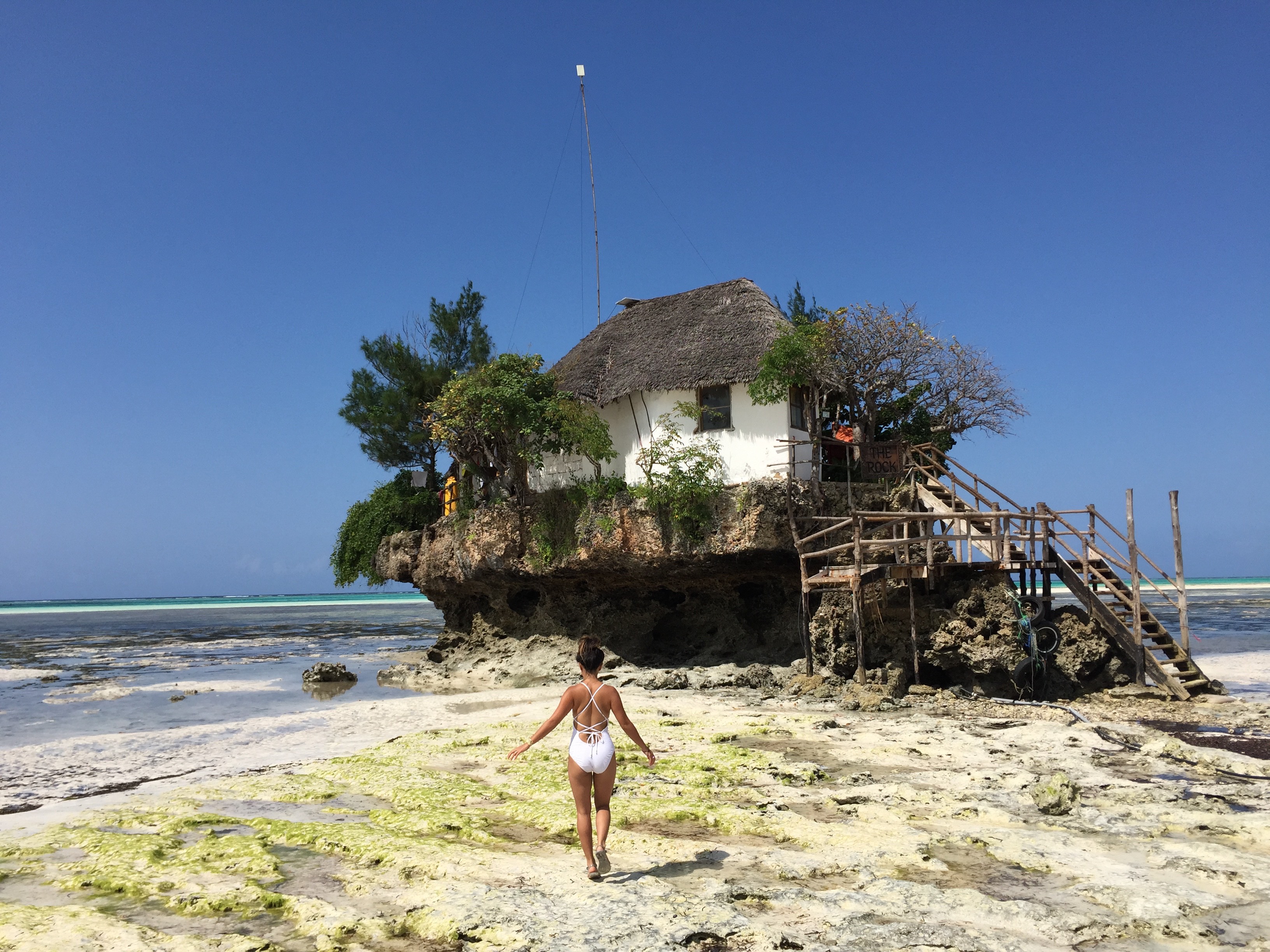 Lunch at The Rock, a restaurant in the Indian Ocean accessible by foot at low tide and boat at high tide. 