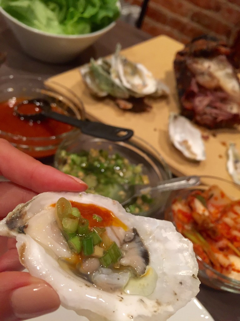     Mix it up a little and just top the raw oyster with the Ginger-scallion sauce & Ssäm sauce then slurp!
