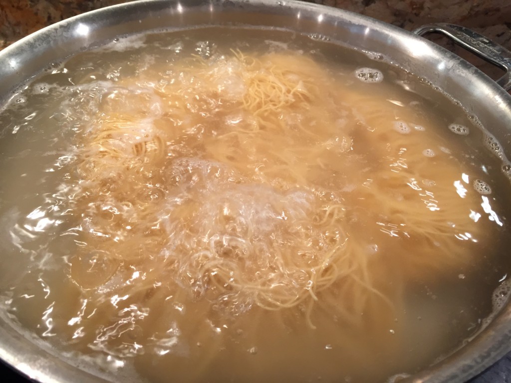 Add fresh egg noodles to boiling water for 2 minutes, then drain.